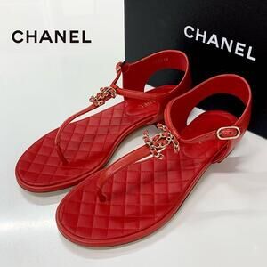 Chanel Cocomark Leather Chain Strap Thong Sandals Red